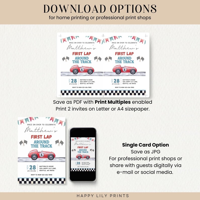 May include: Printable invitation for a first birthday party with a race car theme. The invitation features a red race car with a white number 3 on the side, driving on a checkered flag track. The text on the invitation reads "Race on over to celebrate Matthew's First Lap Around the Track".