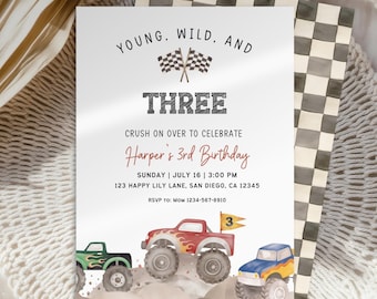 May include: A birthday invitation card featuring the text Young, Wild, and Three, with illustrations of three monster trucks, checkered flags, and a checkered pattern background. The card includes event details for Harper's 3rd Birthday party.