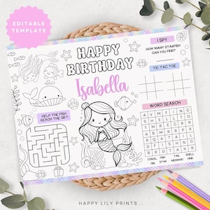 Mermaid Printable Placemat, Editable Mermaid Birthday Coloring Placemat, Mermaid Party Activity, Kids Birthday Party Coloring Sheet PM2