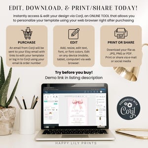 May include: A laptop computer displaying a pink and white printable invitation with a bow and the text "One Little Girl is One". The invitation is being edited on a website called Corjl. The text "PERSONALIZE WITH Corjl" is visible in the lower right corner of the image.