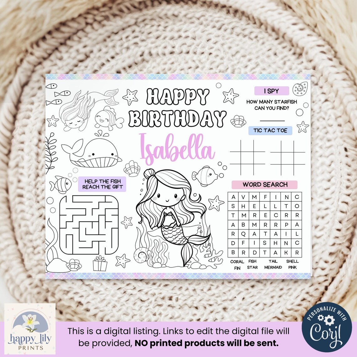 Mermaid Printable Placemat, Editable Mermaid Birthday Coloring Placemat ...