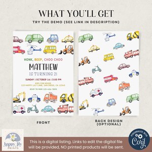 May include: A digital invitation with a watercolor design featuring various vehicles. The front of the invitation reads "Honk, Beep, Choo Choo" and includes the name "Matthew" and event details. The back has a repeating pattern of vehicles.