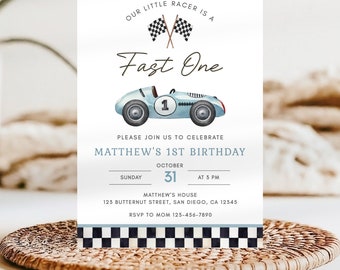 Race Car Birthday Invitation, Vintage Race Car Fast One 1st Birthday Invite Race Car Invitation Template 1st Birthday Racing Invitation KB12