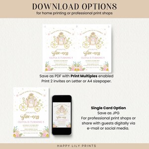 May include: Printable invitation for a girl's 5th birthday party. The invitation features a pink and gold carriage with a crown and the text "Her Royal Five-ness Olivia is turning 5".