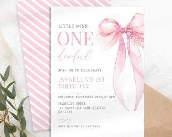 May include: A pink and white invitation card with the text "LITTLE MISS ONE derful" and "ISABELLA'S 1ST BIRTHDAY". The card features a watercolor bow and a striped envelope. The invitation is for a first birthday celebration.
