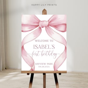 Panneau de bienvenue avec noeud rose, panneau de bienvenue pour 1er anniversaire modifiable avec noeud rose, ruban aquarelle rose minimaliste bannière pour panneau de bienvenue 1er anniversaire KB16