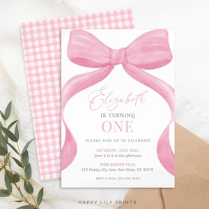 Editable Pink Bow Birthday Invitation, 1st Birthday, First Birthday Invite, Pink Bow Invitation Template, Girls Just Wanna Be ONE KB83