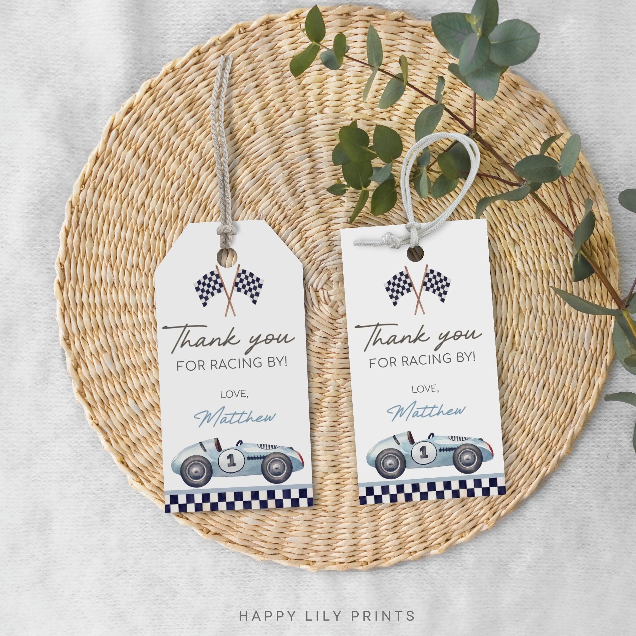 Race Car Thank You Tag, Editable Blue Race Car Party Favors Tag