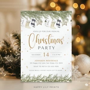 Invito alla festa di Natale, modello di invito di Natale modificabile Greenery, invito alla festa di Natale in oro, invito alla festa di Natale CP02