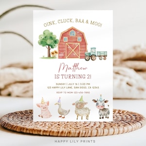 May include: A printable invitation for a farm-themed birthday party. The invitation features a red barn, a tractor, and farm animals including a pig, a duck, a sheep, and a cow. The text on the invitation reads "Oink, Cluck, BAA & Moo! Matthew is turning 2! Sunday | July 16 | 3:00 PM 123 Happy Lily Lane, San Diego, CA 12345 RSVP to Mom 123-456-7890 Happy Lily Prints".
