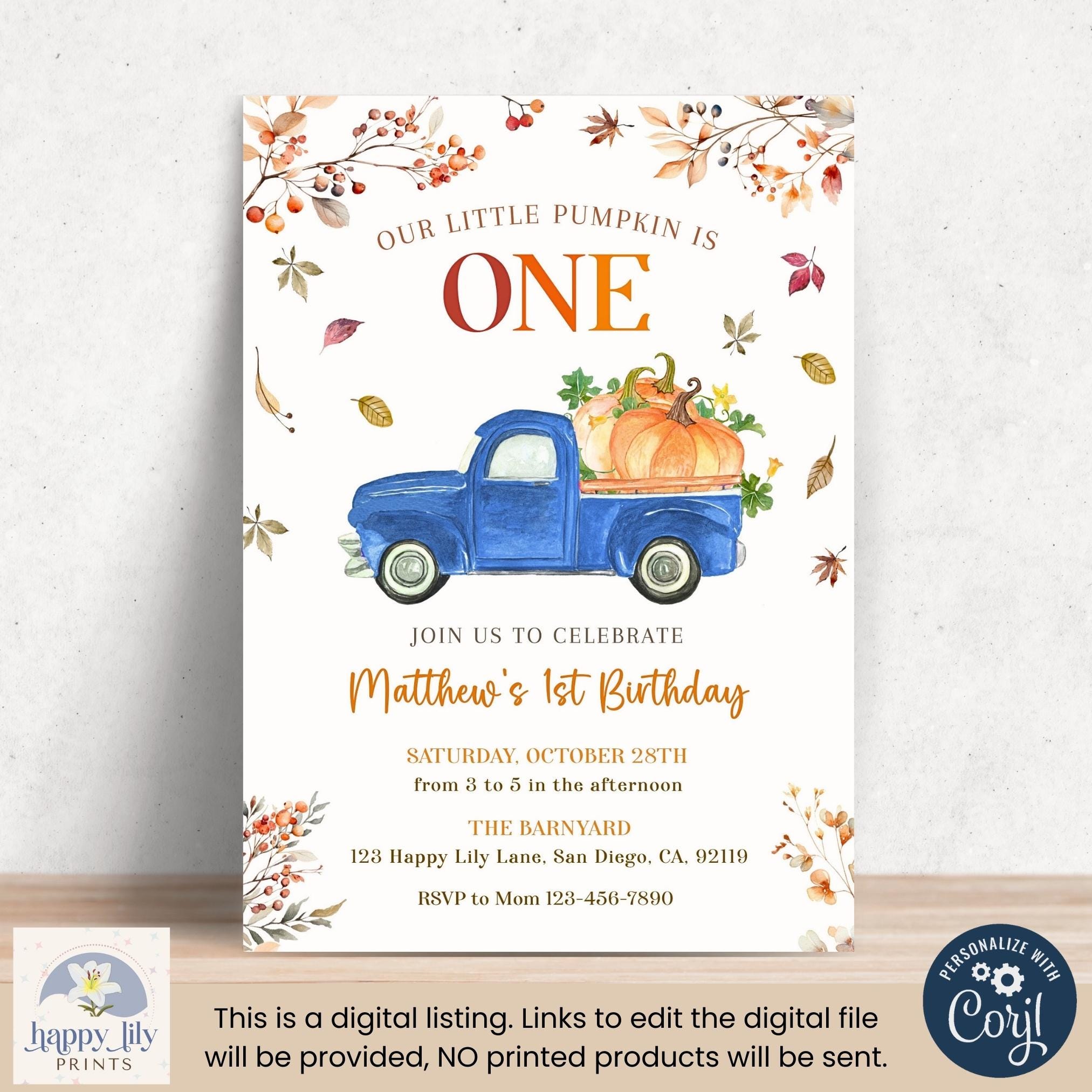 Little Blue Truck Birthday Invitation One, Editable Our Little Pumpkin ...