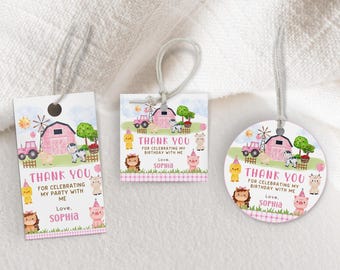 Pink Barnyard Party Favor Tags, Three I E I O Birthday Party Tags, Editable Girl Birthday Farm Thank You Tag, Farm Pink Birthday Party KB31