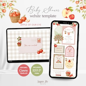 May include: A digital baby shower website template featuring watercolor apple illustrations, a woven basket, and gingham patterns. The design includes an invitation envelope, RSVP form, and event details with text reading Baby Shower website template.