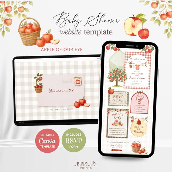 Gingham Apple of Our Eye Baby Shower Invitation Website with RSVP, Editable Canva Invite Template, Autumn Girl Baby Shower, Digital Download