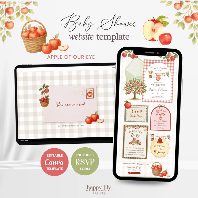 May include: A digital baby shower website template featuring watercolor apple illustrations, a woven basket, and gingham patterns. The design includes an invitation envelope, RSVP form, and event details with text reading Baby Shower website template.