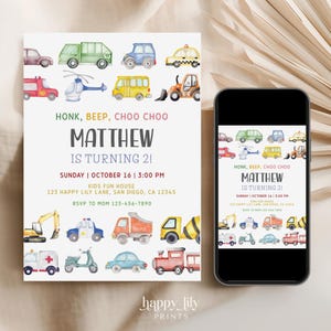 May include: A birthday invitation featuring watercolor illustrations of various vehicles, including cars, trucks, and a helicopter. The invitation reads "Honk, Beep, Choo Choo" and announces "Matthew is turning 2!" with event details.