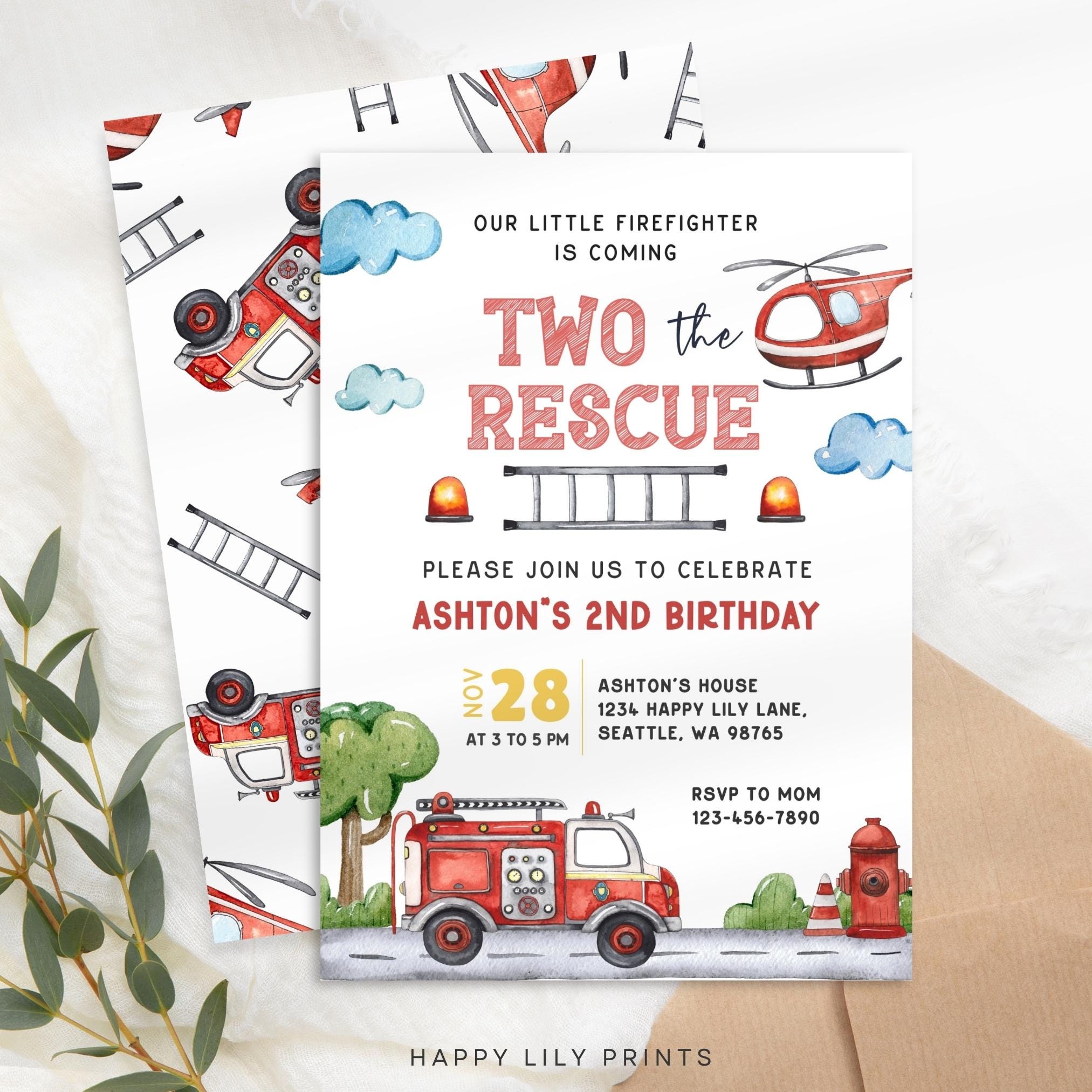 Fire Rescue Invitations Two the Rescue Birthday Invitation, Fire Truck Invite, Sound the Alarm ...