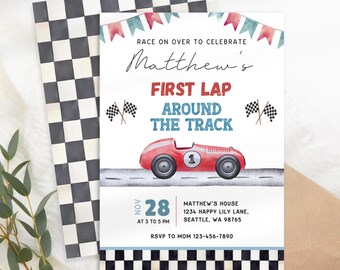 First Lap Around The Track Invite Templates, Printable Race Car Invitation, Race Car Birthday, Fast One Invitation, Boy 1st Birthday KB47