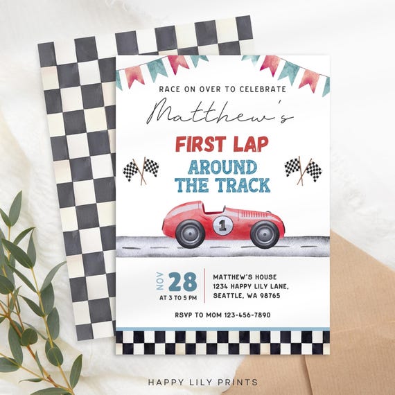 First Lap Around The Track Invite Templates, Printable Race Car Invitation, Race Car Birthday, Fast One Invitation, Boy 1st Birthday KB47