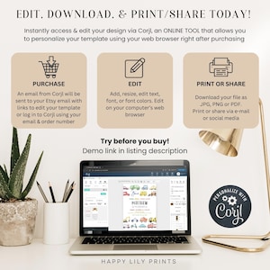 May include: A laptop displays a customizable template with the text "MATTHEW" and vehicle illustrations. The image promotes editing and printing designs via Corjl. Text includes "EDIT, DOWNLOAD, & PRINT/SHARE TODAY!" and "Try before you buy! Demo link in listing description."