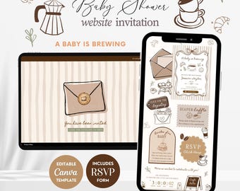 May include: A digital baby shower website invitation template displayed on a tablet and smartphone. The design features coffee-themed illustrations, brown and beige stripes, and text including Baby Shower, A Baby Is Brewing, and RSVP.