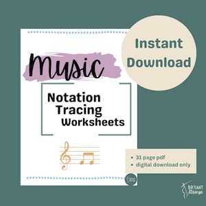 Puede incluir: Un gráfico de descarga digital con la palabra "Music" en una fuente cursiva sobre una forma púrpura. Debajo, el texto dice "Notation Tracing Worksheets". Un círculo beige dice "Descarga instantánea". Incluye un pentagrama y notas.