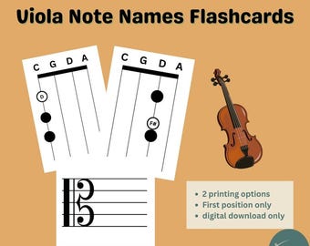 Tarjetas didácticas con los nombres de las notas de viola / Colocación de los dedos en la primera posición / Lectura de notas