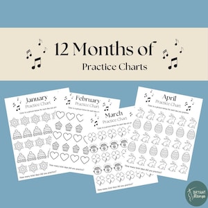 May include: Three black and white printable practice charts for music students. The charts feature January, February, and April with a different image for each day of the month. The images include snowflakes, hats, cupcakes, hearts, shamrocks, pots of gold, eggs, and bunnies.