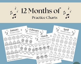 May include: Three black and white printable practice charts for music students. The charts feature January, February, and April with a different image for each day of the month. The images include snowflakes, hats, cupcakes, hearts, shamrocks, pots of gold, eggs, and bunnies.