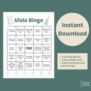 May include: A colorful bingo card with a viola illustration and the text "Viola Bingo". The card has 25 squares with various activities for practicing the viola, such as "Practice for 15 minutes", "Play a scale using a full bow", "Name all 4 strings", "Name all the notes in a scale", "Play a song to a friend", "Practice 5 bow holds", "Clean your viola with a cloth", "Memorize a song", "Practice in front of a mirror", "Practice outside", "Sing your current piece", "FREE", "Practice on one foot and then switch", "Play a scale with your eyes closed", "Read about one composer", "Practice for 5 days in a row", "Play a song to a relative", "Rosin your bow", "Name all the parts of the bow", "Teach a relative how to hold the viola", "Practice while balancing an object on your head", "Write down a viola goal you have", "Practice twice in a day", "Play a song backwards".