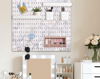 White Marble Pegboard Kit – Wall Organizer with Hooks, Shelves & Accessories | Modern Home Office Work School Storage | IKEA Skadis style