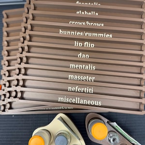 May include: A stack of brown plastic organizers with white labels reading frontalis, glabella, crows/brows, bunnies/gummies, lip flip, dao, mentalis, masseter, nefertiti, and miscellaneous, alongside two beige and brown holders containing small glass vials.