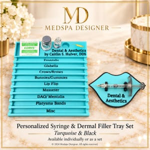 May include: A turquoise rectangular organizer tray with labeled slots for cosmetic procedures including Frontalis, Glabella, Crows/Brows, Bunnies/Gummies, Lip Flip, Masseter, DAO/Mentalis, Platysma Bands, and Misc, alongside a lip-shaped syringe holder.