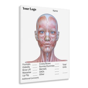 Può includere: Un diagramma dei muscoli facciali, con etichette per ogni gruppo muscolare, tra cui Frontalis, Glabella, Brow Lift, Massetee, Lip Flip, Crows/Brows, Bunnies/Gummies, Mentalis, DAOS, Other, Total Units e Commenti aggiuntivi.