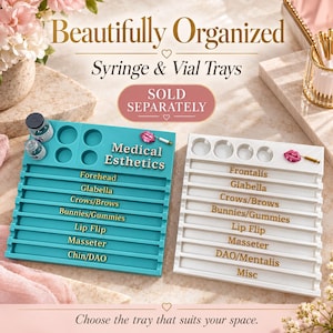 May include: A teal and a white rectangular plastic tray for medical esthetics, each featuring circular slots for vials and horizontal grooves labeled with treatment areas like Forehead, Glabella, Crows/Brows, Lip Flip, and Masseter.
