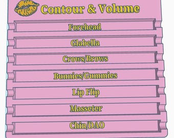 May include: A pink plastic guide with the words "Contour & Volume" and a lip graphic. The guide has sections labeled "Forehead," "Glabella," "Crows/Brows," "Bunnies/Gummies," "Lip Flip," "Masseter," and "Chin/DAO."