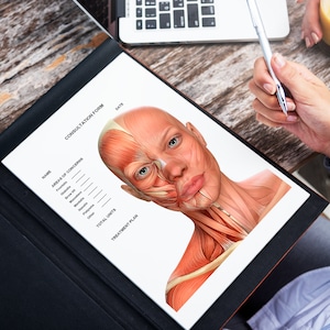May include: A consultation form for a medical procedure with a diagram of the facial muscles. The form includes sections for name, areas of concern, total units, and treatment plan.