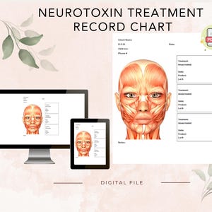 Op de afbeelding: Een printbaar neurotoxine-behandelingsregistratieformulier met een gedetailleerde illustratie van de gezichtspieren. Het formulier bevat secties voor klantgegevens, behandelingsdetails en notities.