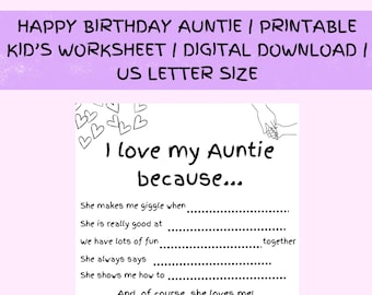 Alles Gute zum Geburtstag Geschenk für meine Tante | Arbeitsblatt für Kinder | Füllen Sie die Lücken | Digitaler Download Druckbare PDF | Ich liebe meine Tante, weil