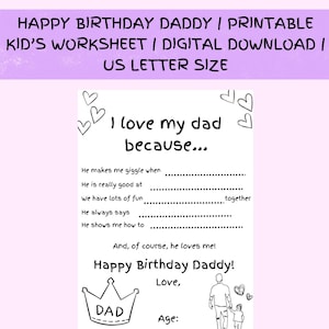 お父さんへの誕生日プレゼント | 子供向けワークシート | 空欄を埋める | デジタルダウンロード印刷可能なPDF | お父さんが大好き