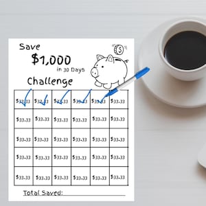 Printable Savings Challenge | Save 1000 Dollars in 30 Days | Budget Planner PDF | Money Tracker for Adults | Instant Download