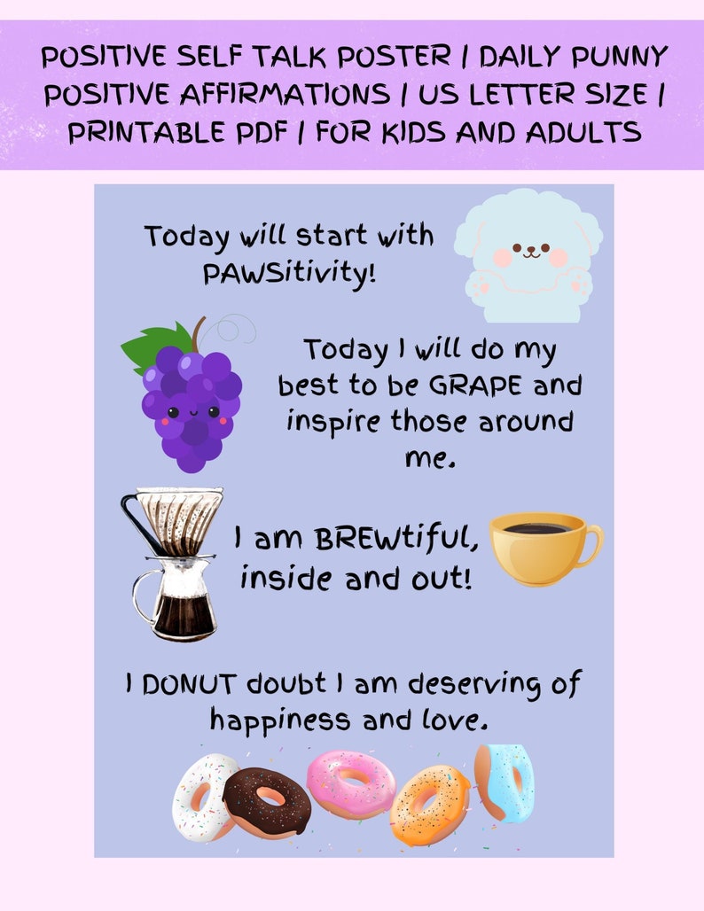 Punny Positive Self Talk Poster | Daily Affirmations | Printable PDF ...