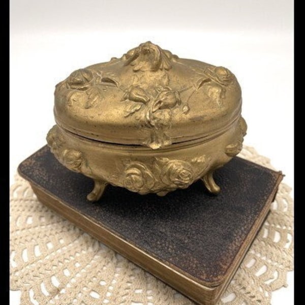 Antique Art Nouveau Gold Jewelry Casket Trinket Box, Roses, Footed c1900-1920