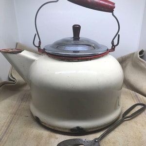 Vintage Enamelware Teapot: Cream, Red Trim, Chrome Lid, Farmhouse Decor