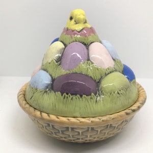 Vintage Handmade Chick with Eggs with Hen on a Nest, Colorful Egg Nester, Chicken Hen Rooster Decor