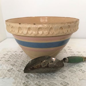 Vintage McCoy Yellow Ware, 7&quot; Blue Pink Stripe Mixing Pottery Bowl