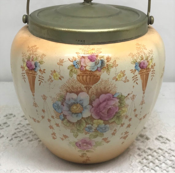 Antique English Blushware Biscuit Jar: Devon Ware Floral Porcelain