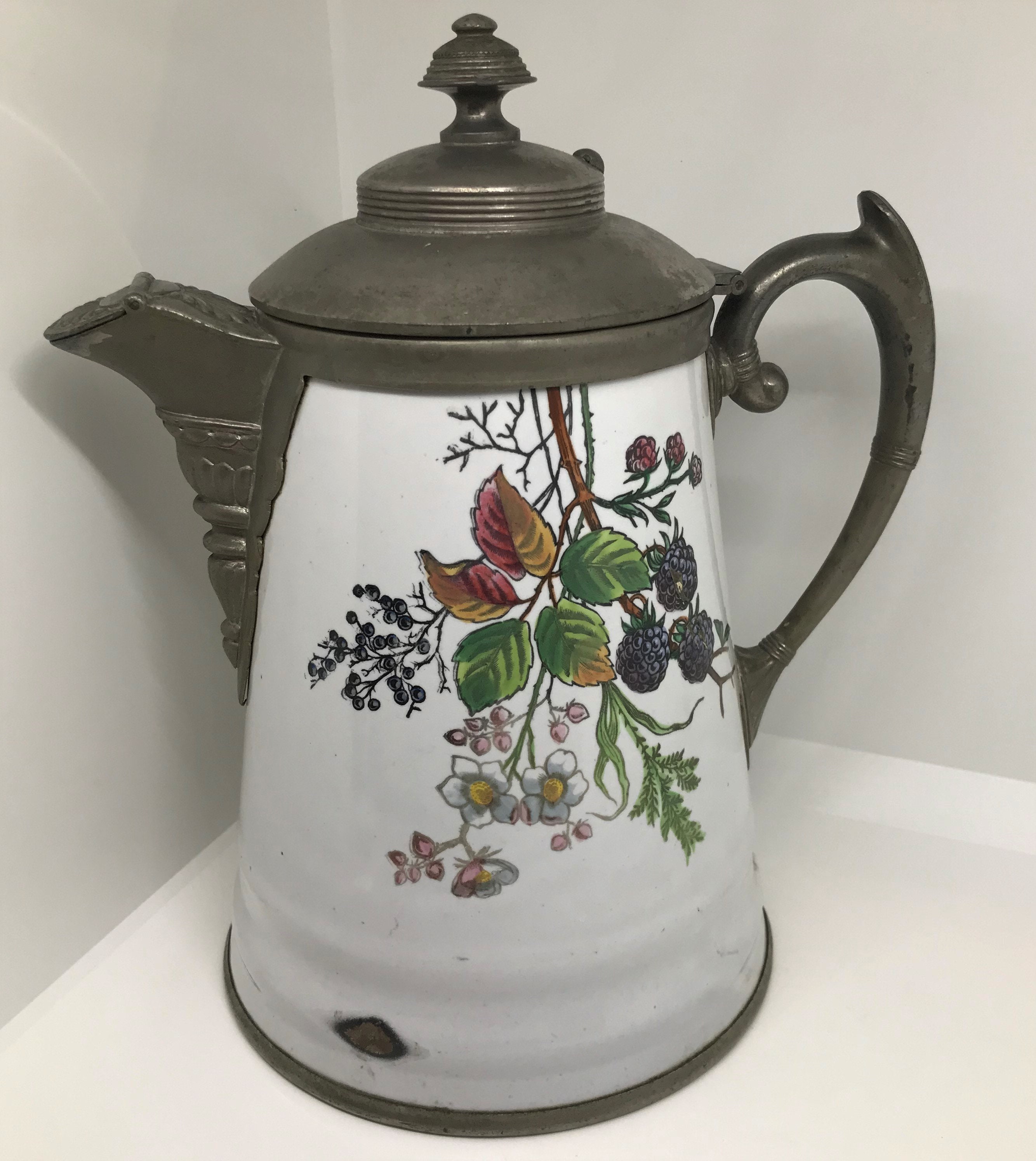 Antique Coffee Pot Pewter, Porcelain Enamelware French Farmhouse