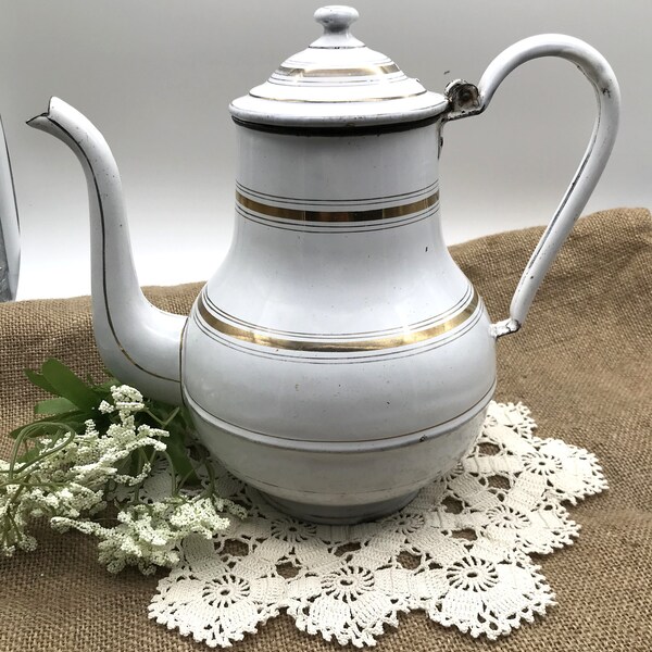 Antique French Enamel Teapot, Vintage Coffee Pot, White Golden Line Enamelware, Farmhouse Rustic Kitchen Decor and Ware