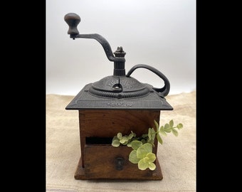 Antique Coffee Bean Grinder, Primitive Farmhouse Kitchen Utensil Decor, Hand Crank Box with Drawer